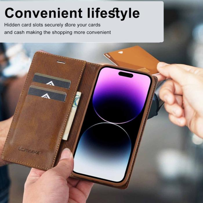 LC.imeeke - LC.IMEEKE iPhone 15 Pro Fodral Ställ Äkta läder - Brun