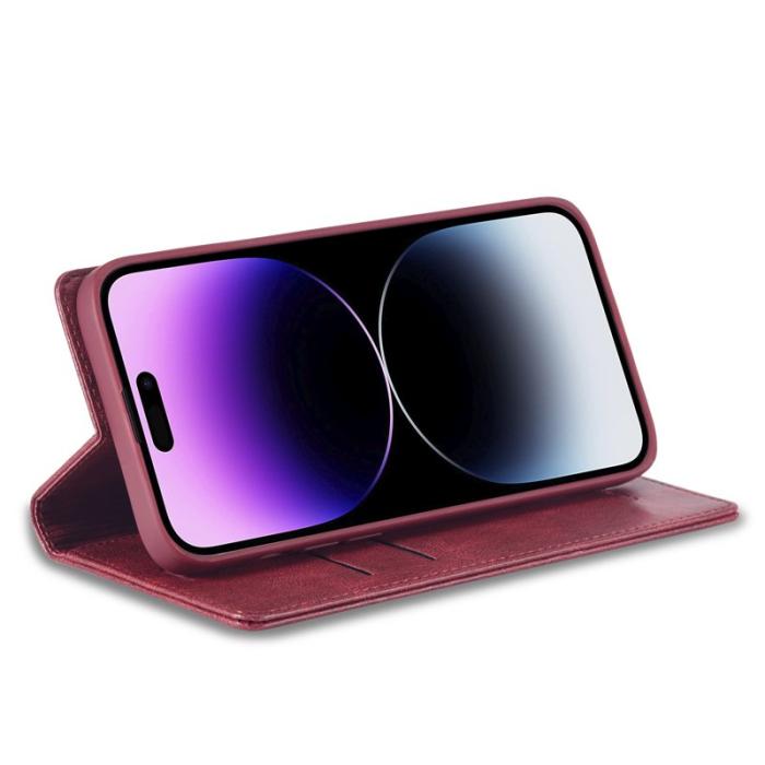 LC.imeeke - LC.IMEEKE iPhone 15 Pro Fodral Stand Äkta läder - Röd