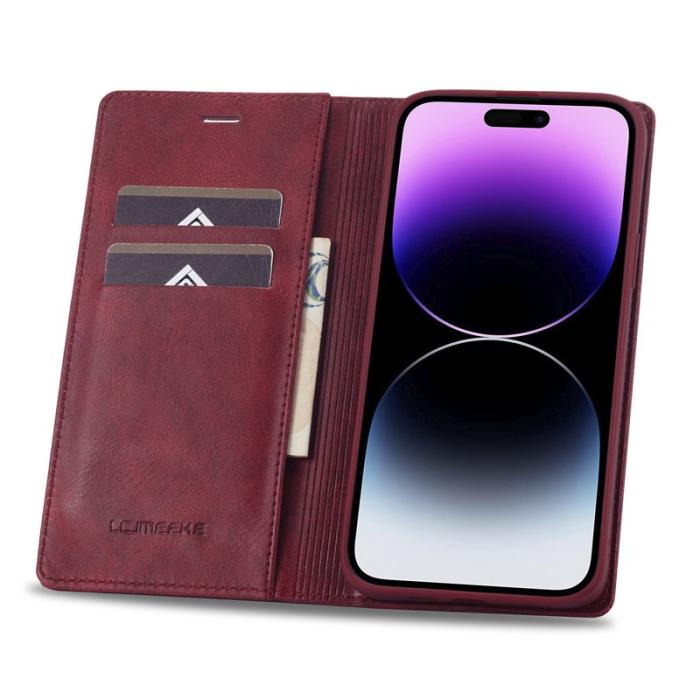 LC.imeeke - LC.IMEEKE iPhone 15 Pro Fodral Stand Äkta läder - Röd
