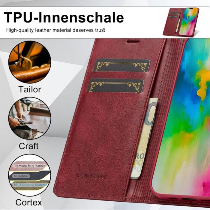 LC.imeeke - LC.IMEEKE iPhone 16 Fodral Äkta läder - RFID, Kortfack - Röd