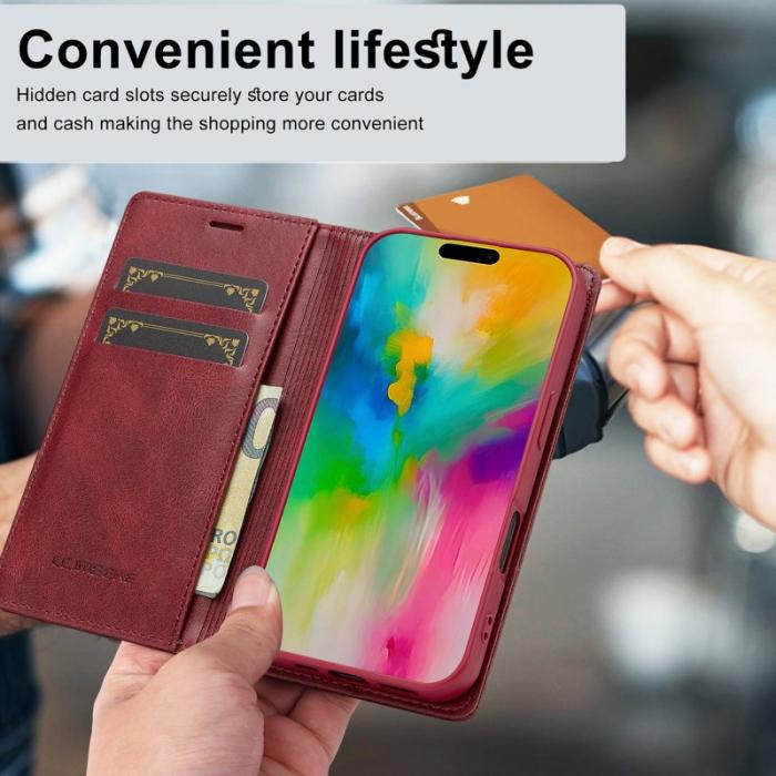 LC.imeeke - LC.IMEEKE iPhone 16 Fodral Äkta läder - RFID, Kortfack - Röd