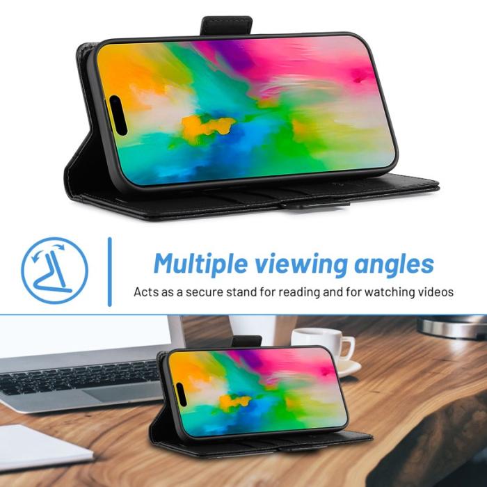 LC.imeeke - LC.IMEEKE iPhone 16 Fodral Äkta läder - Svart