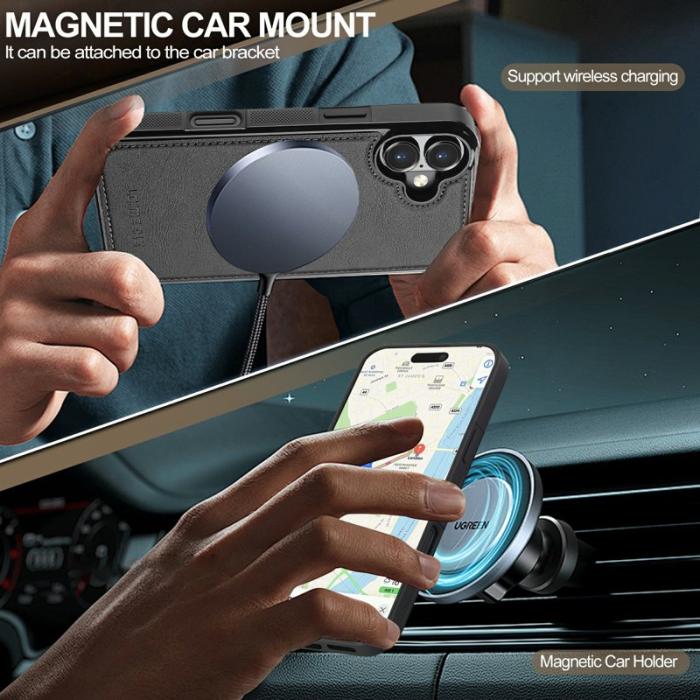 LC.imeeke - LC.IMEEKE iPhone 16 Fodral Magnetiskt Äkta läder - Svart