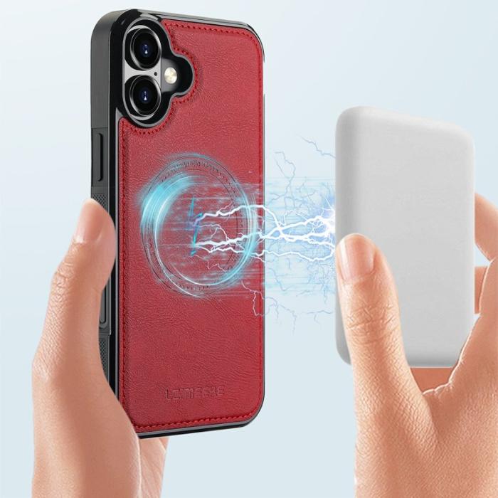LC.imeeke - LC.IMEEKE iPhone 16 Fodral MagSafe Äkta läder - Röd