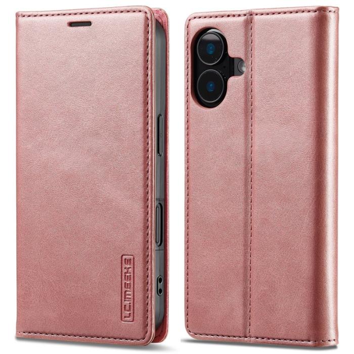 LC.imeeke - LC.IMEEKE iPhone 16 Fodral Wallet Mikrofiberläder - Roséguld