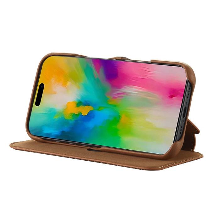 LC.imeeke - LC.IMEEKE iPhone 16 Plus Fodral Kortfack Ställ Äkta Läder - Brun