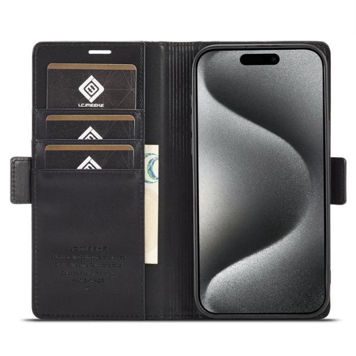 LC.imeeke - LC.IMEEKE iPhone 16 Pro Fodral Äkta läder - Svart