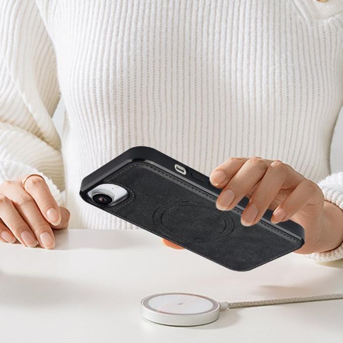 LC.imeeke - LC.IMEEKE iPhone 16e Magnetiskt Fodral Äkta läder - Svart