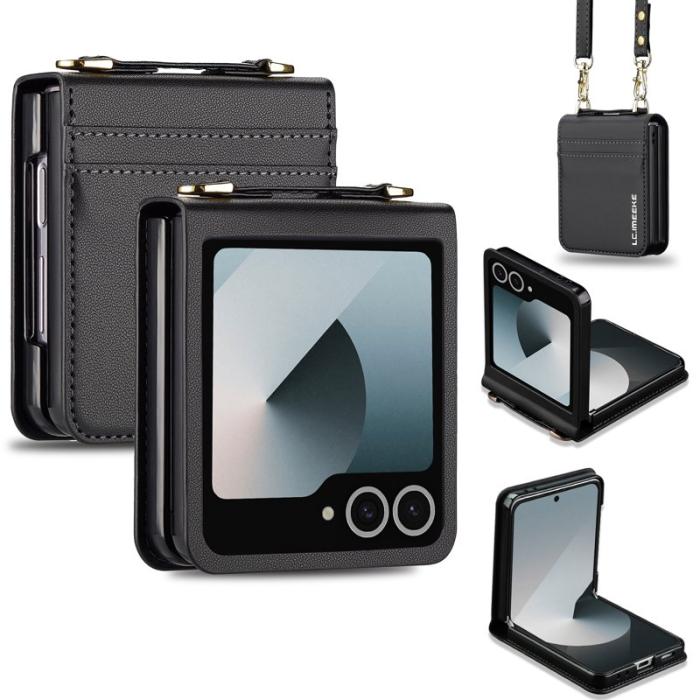LC.imeeke - LC.IMEEKE L1 Series Samsung Galaxy Z Flip7 Fodral Äkta läder - Svart