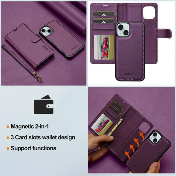 LC.imeeke - LC.IMEEKE L2 Series iPhone 15 Fodral PU Läder - Lila