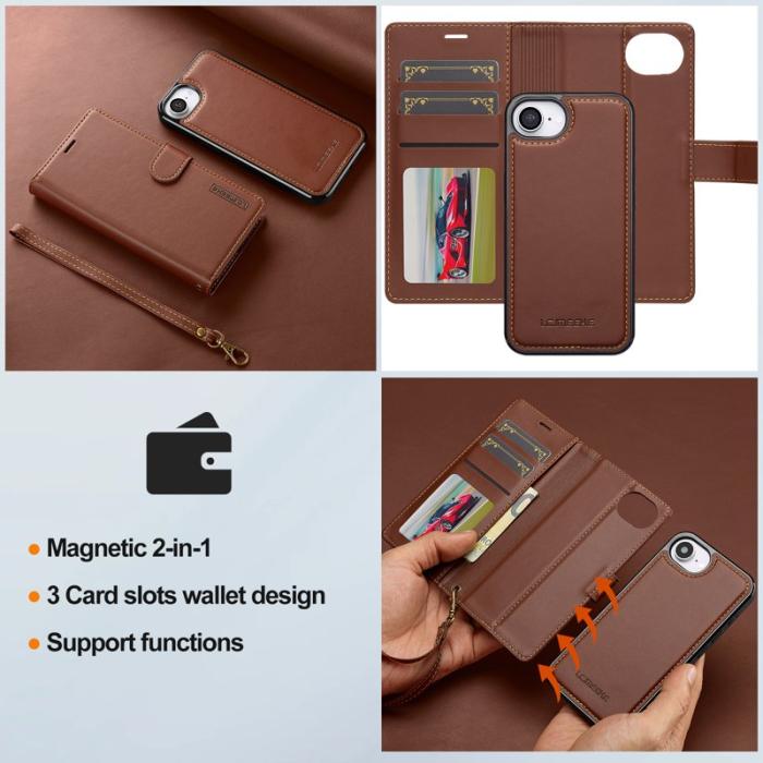 LC.imeeke - LC.IMEEKE L2 Series iPhone 16e Fodral PU Läder - Brun