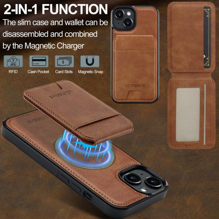 LC.imeeke - LC.IMEEKE L3 iPhone 15 Fodral Magnetiskt Läder+TPU - Brun