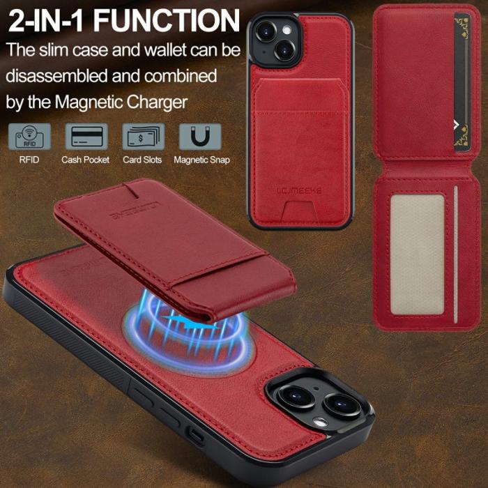 LC.imeeke - LC.IMEEKE L3 iPhone 15 Fodral Magnetiskt Läder+TPU - Röd