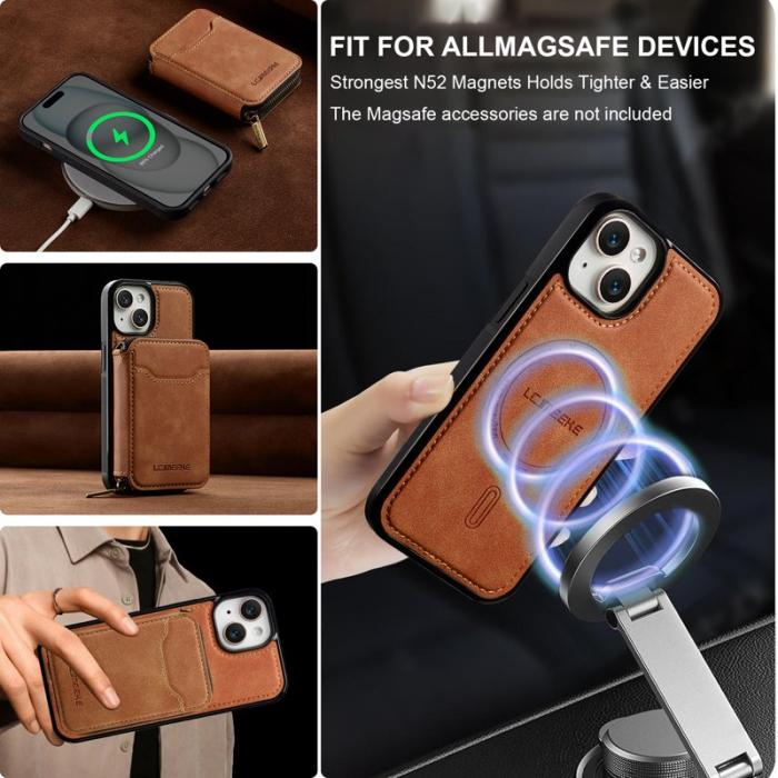 LC.imeeke - LC.IMEEKE L6 iPhone 15 Fodral Magnetiskt Äkta läder - Brun