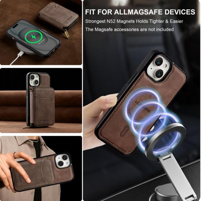 LC.imeeke - LC.IMEEKE L6 iPhone 15 Fodral Magnetiskt - Äkta läder - Kaffe