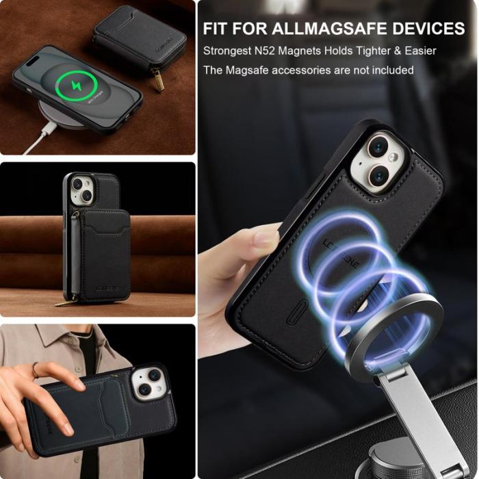 LC.imeeke - LC.IMEEKE L6 iPhone 15 Fodral Magnetiskt Läder - Svart