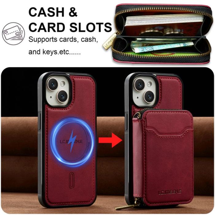 LC.imeeke - LC.IMEEKE L6 iPhone 15 Fodral Magnetiskt - Röd Äkta Läder