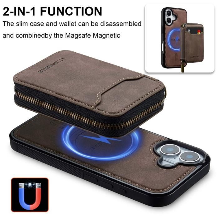 LC.imeeke - LC.IMEEKE L6 iPhone 16 Fodral Magnetiskt - Äkta läder - Kaffe
