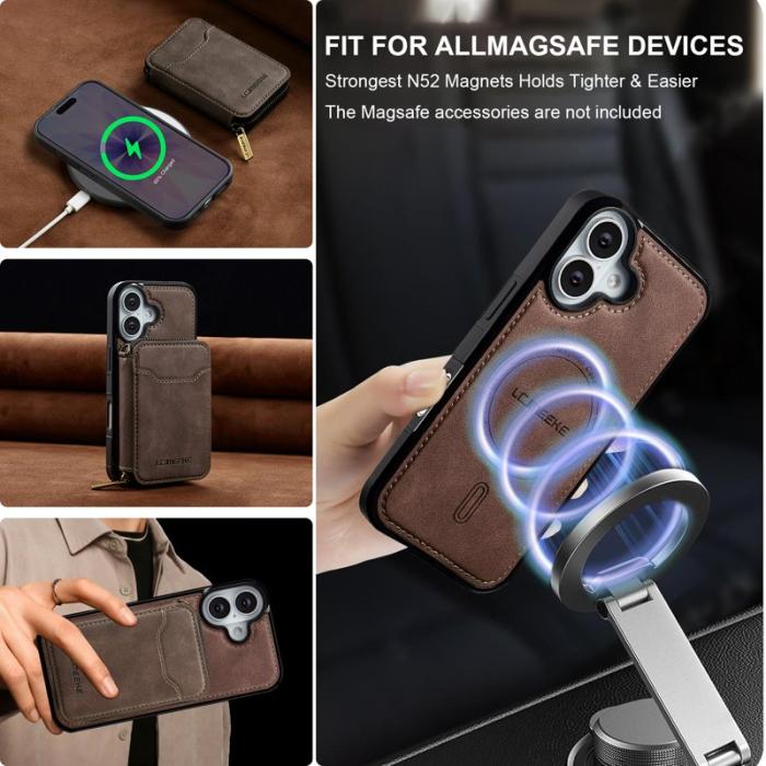 LC.imeeke - LC.IMEEKE L6 iPhone 16 Fodral Magnetiskt - Äkta läder - Kaffe