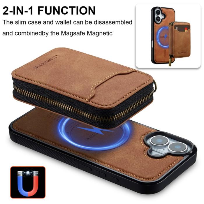 LC.imeeke - LC.IMEEKE L6 iPhone 16 Fodral Magnetiskt Läder - Brun