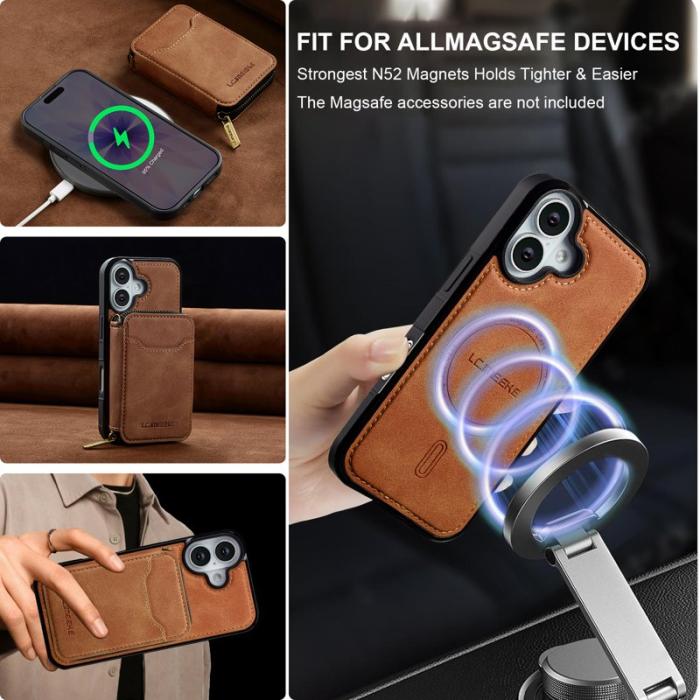 LC.imeeke - LC.IMEEKE L6 iPhone 16 Fodral Magnetiskt Läder - Brun