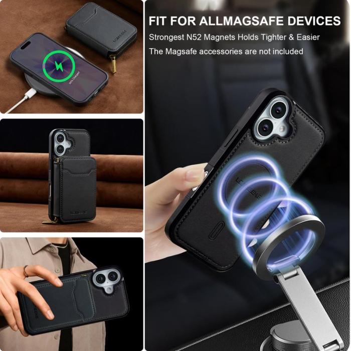 LC.imeeke - LC.IMEEKE L6 iPhone 16 Fodral Magnetiskt Läder - Svart