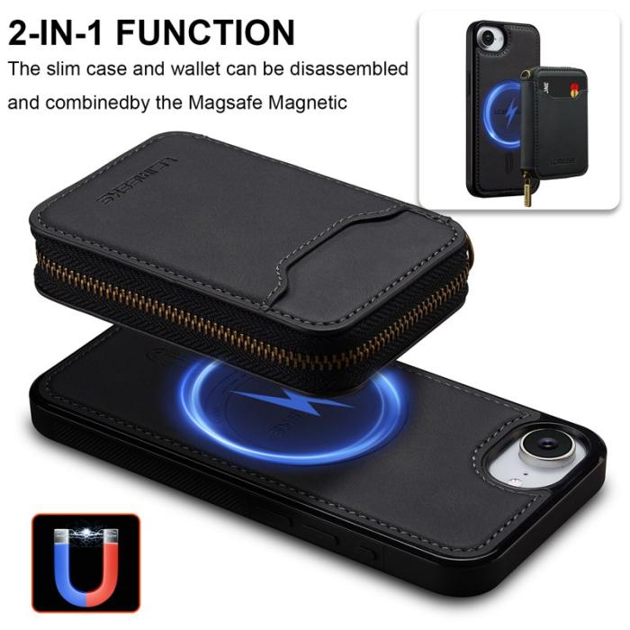 LC.imeeke - LC.IMEEKE L6 iPhone 16 Fodral Magnetiskt - Svart Äkta Läder
