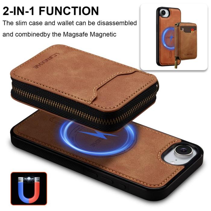 LC.imeeke - LC.IMEEKE L6 iPhone 16e Fodral Magnetiskt - Äkta läder - Brun