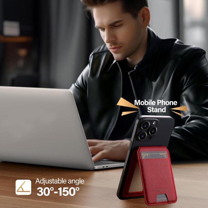 LC.imeeke - LC.IMEEKE Magnetic Card Holder iPhone Skal Äkta läder - Röd