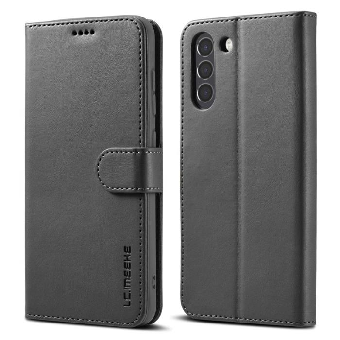 LC.imeeke - LC.IMEEKE Wallet Design Fodral för Samsung Galaxy S21 FE - Äkta läder - Svart