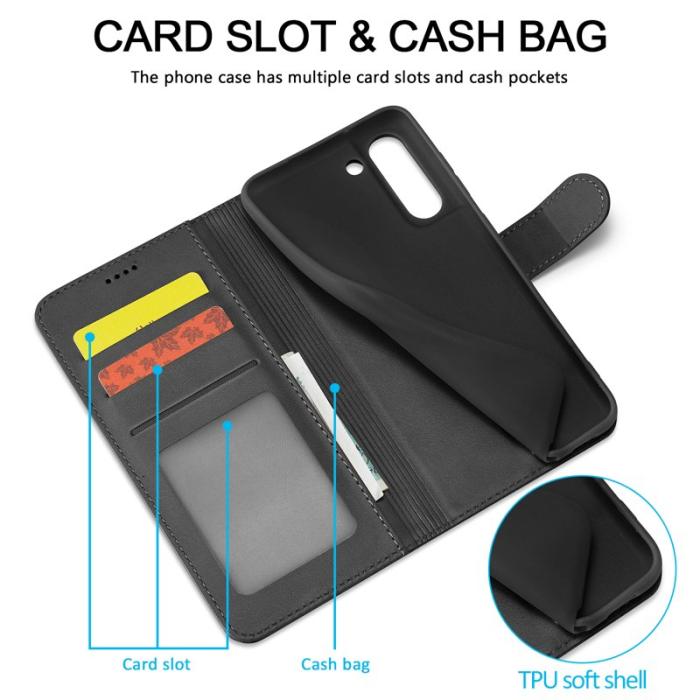 LC.imeeke - LC.IMEEKE Wallet Design Fodral för Samsung Galaxy S21 FE - Äkta läder - Svart
