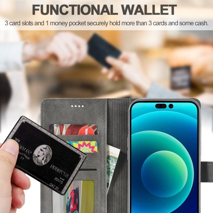 LC.imeeke - LC.IMEEKE Wallet Fodral för iPhone 15 Plus - Äkta läder - Grå
