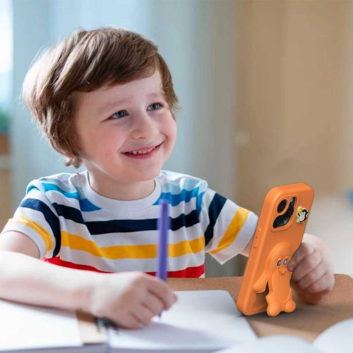 OEM - Penguin iPhone 15 Pro Skal Kickstand Stöttålig EVA - Orange
