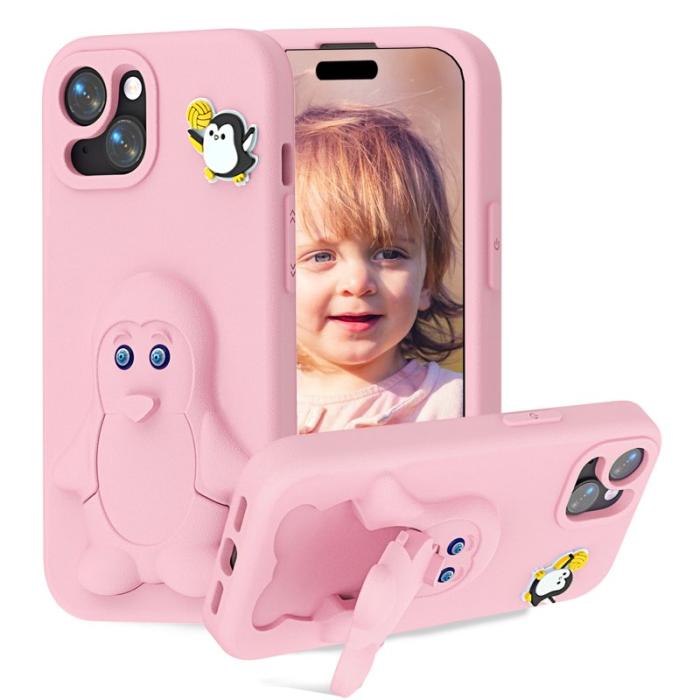 OEM - Penguin iPhone 15 Skal Kickstand Stöttålig EVA - Rosa