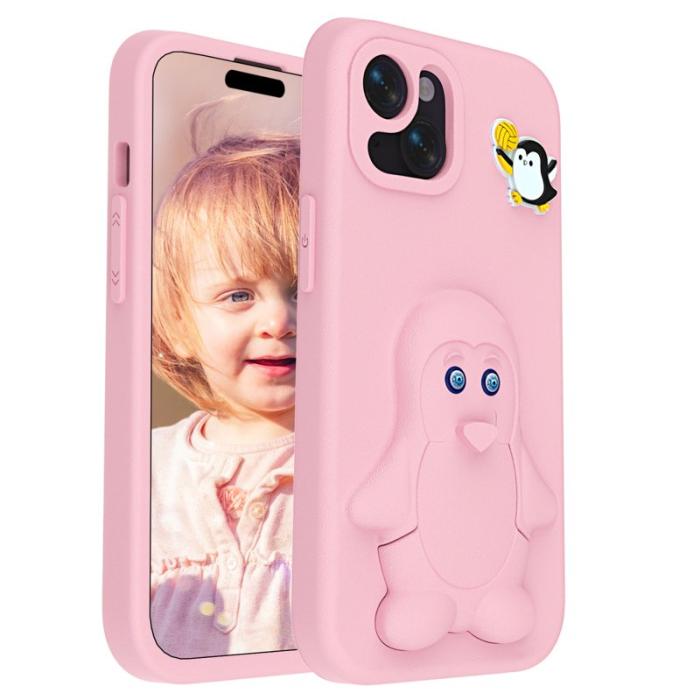 OEM - Penguin iPhone 15 Skal Kickstand Stöttålig EVA - Rosa