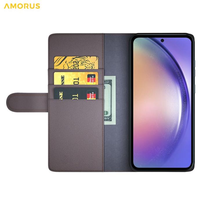 Amorus - AMORUS Samsung Galaxy A35 5G Fodral Äkta Läder - Brun