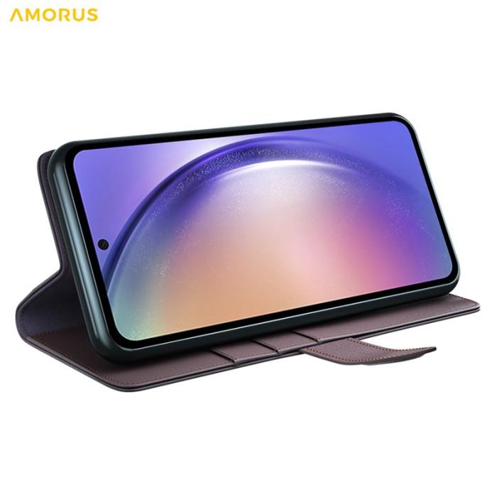Amorus - AMORUS Samsung Galaxy A35 5G Fodral Äkta Läder - Brun