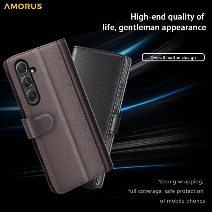 Amorus - AMORUS Samsung Galaxy A35 5G Fodral Äkta Läder - Brun