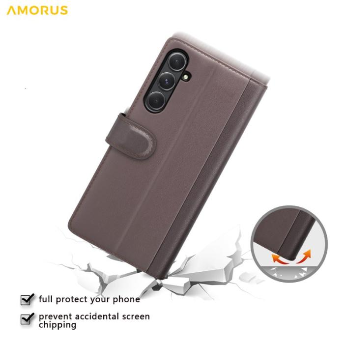 Amorus - AMORUS Samsung Galaxy A35 5G Fodral Äkta Läder - Brun
