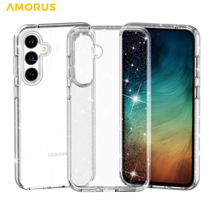 Amorus - AMORUS Samsung Galaxy A55 Skal Mjuk TPU Hård PC Stötbeständig - Glittrande Vit