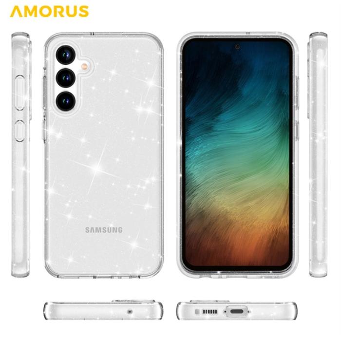 Amorus - AMORUS Samsung Galaxy A55 Skal Mjuk TPU Hård PC Stötbeständig - Glittrande Vit