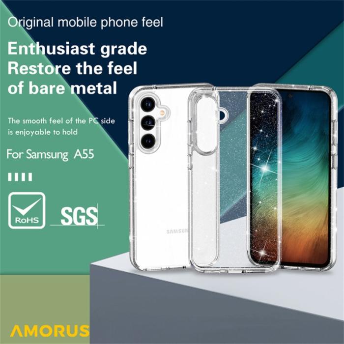 Amorus - AMORUS Samsung Galaxy A55 Skal Mjuk TPU Hård PC Stötbeständig - Glittrande Vit