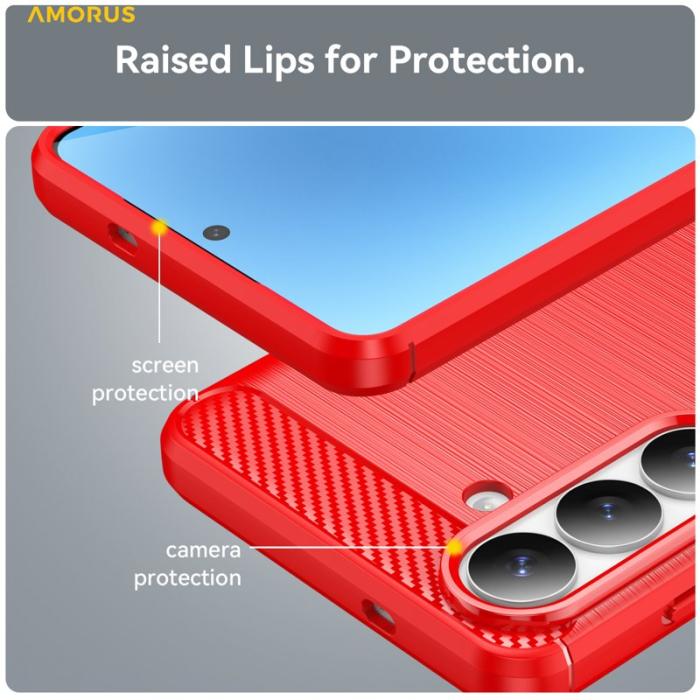Amorus - AMORUS Samsung Galaxy S26 Plus Mobilskal Kolfiber Textur Skydd - Röd