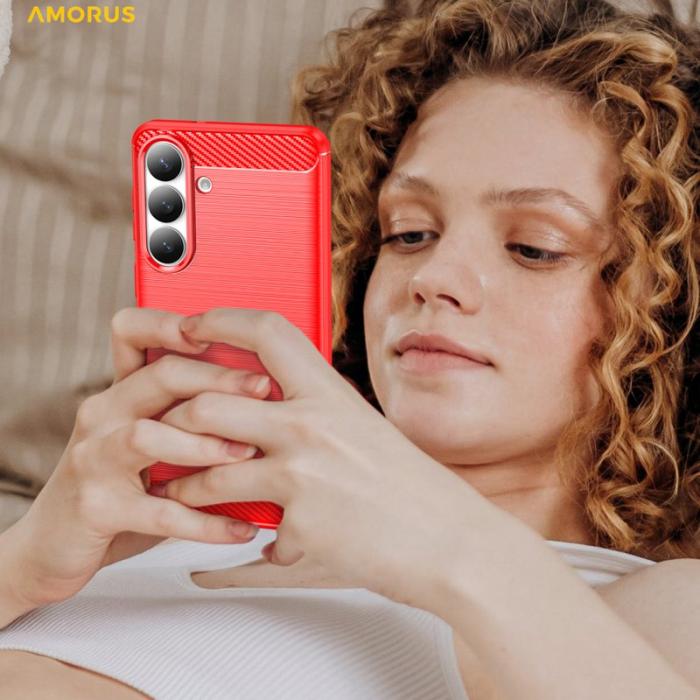 Amorus - AMORUS Samsung Galaxy S26 Plus Mobilskal Kolfiber Textur Skydd - Röd