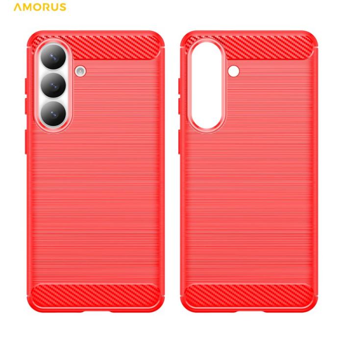 Amorus - AMORUS Samsung Galaxy S26 Plus Mobilskal Kolfiber Textur Skydd - Röd