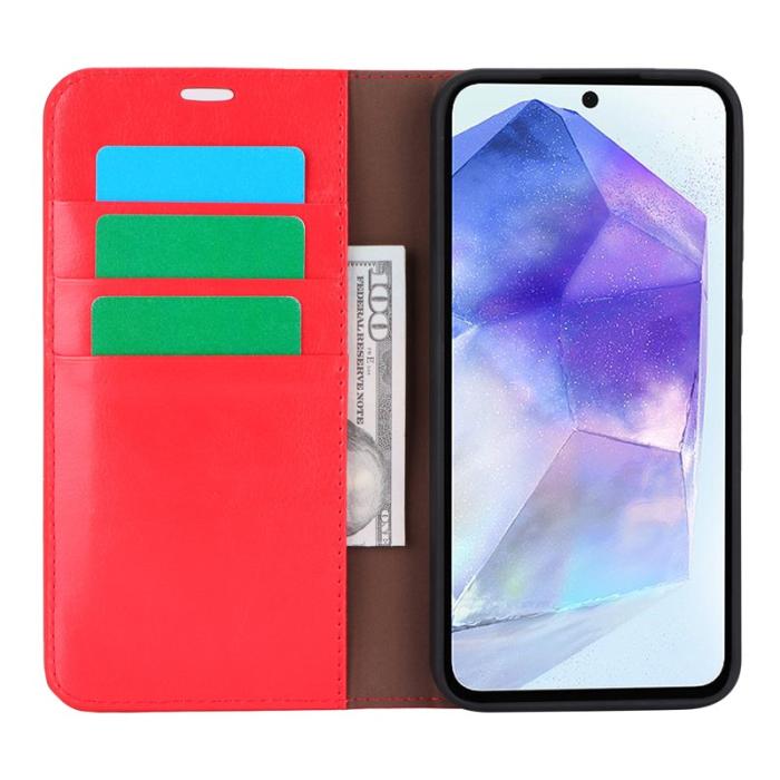OEM - Crazy Horse Samsung Galaxy A55 5G Plånboksfodral Äkta Läder + Plast - Röd