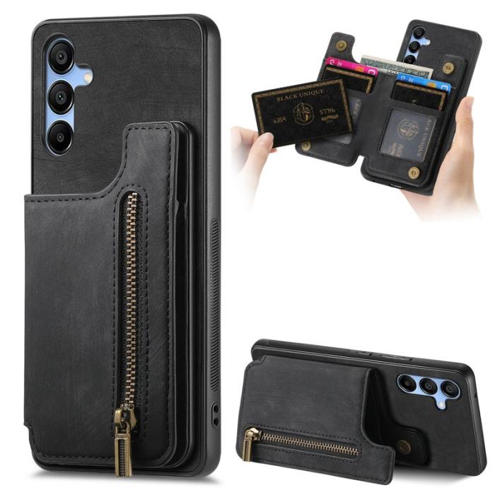 OEM - D15 Samsung Galaxy A55 5G Skal Retro Läder+Plast Med Ficka - Svart