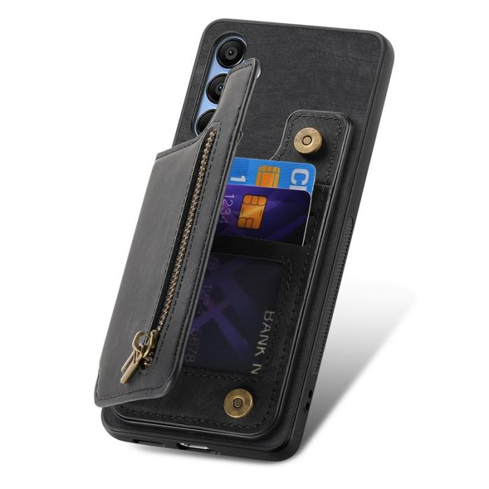 OEM - D15 Samsung Galaxy A55 5G Skal Retro Läder+Plast Med Ficka - Svart