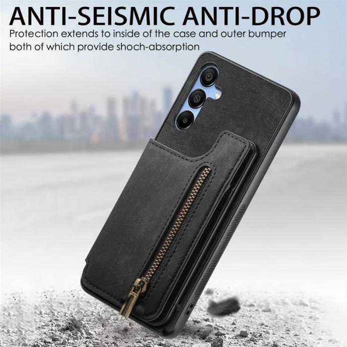 OEM - D15 Samsung Galaxy A55 5G Skal Retro Läder+Plast Med Ficka - Svart