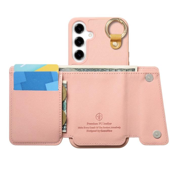 OEM - D-Ring Samsung Galaxy A35 5G Skal Äkta Läder + Plast - Rosa